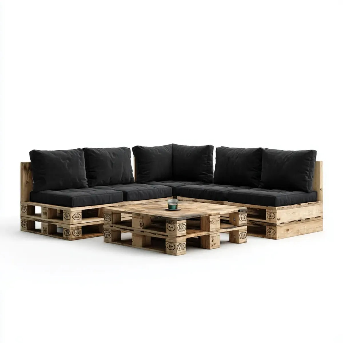 Salon de jardin d'angle en palettes bois de pin naturel avec coussins noirs 220 x 220 cm