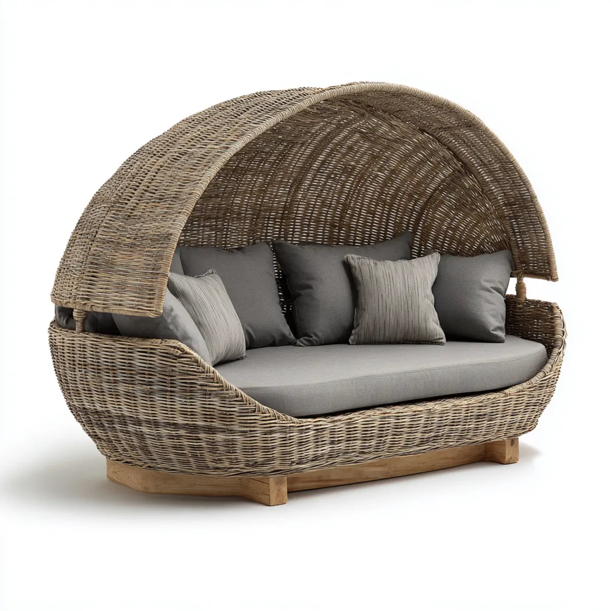 Bain de soleil double avec toit arrondi beige et gris en résine tressée 180 x 150 x 160 cm
