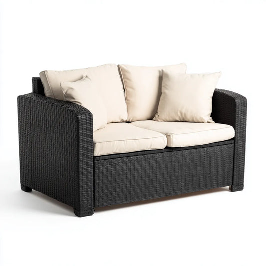 Canapé de jardin 2 places noir et beige en rotin PE rectangulaire 130 x 75 x 80 cm