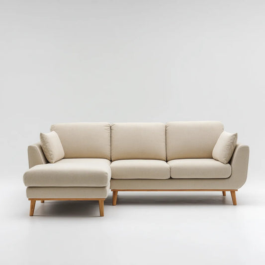 Canapé d'angle gauche 3 places beige en polyester avec méridienne forme L 250 x 155 x 86 cm