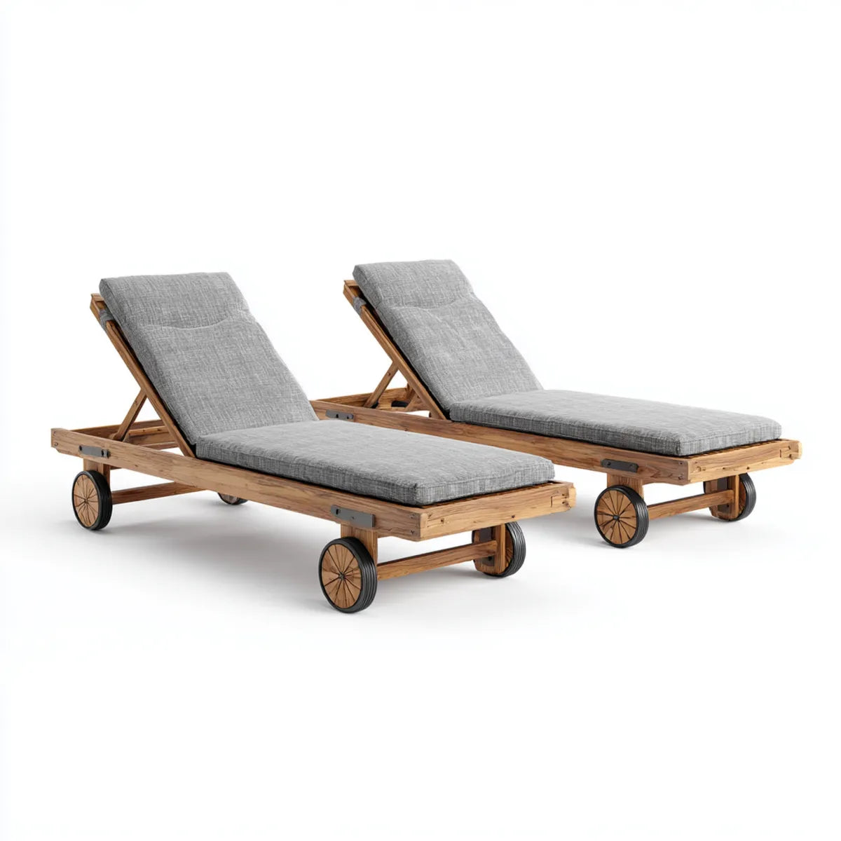Lot de 2 bains de soleil à roulettes gris en bois massif d'acacia 200 x 70 x 30 cm