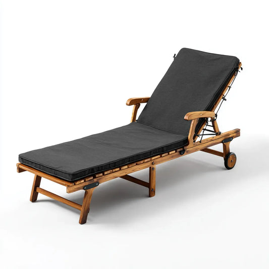 Bain de soleil réglable à roulettes en bois massif d'acacia brun avec coussin noir 200 x 65 cm