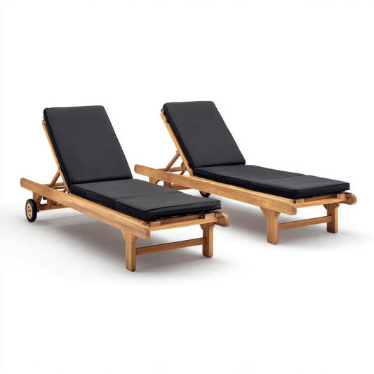 Lot de 2 bains de soleil à roulettes noir en teck massif avec coussins 200 x 65 x 35 cm