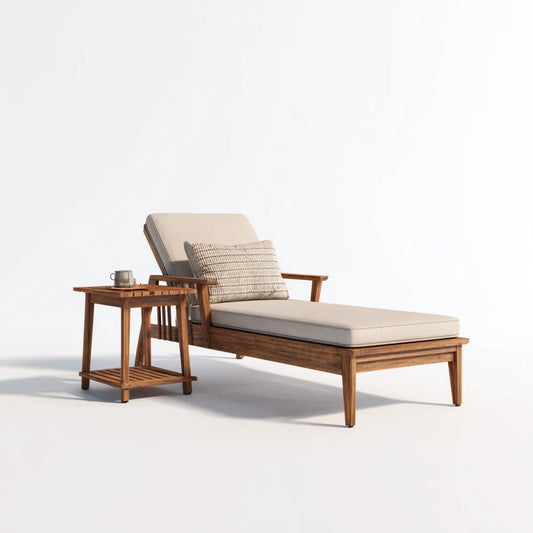 Ensemble bain de soleil avec table d'appoint beige en bois d'acacia massif 200 x 70 x 85 cm