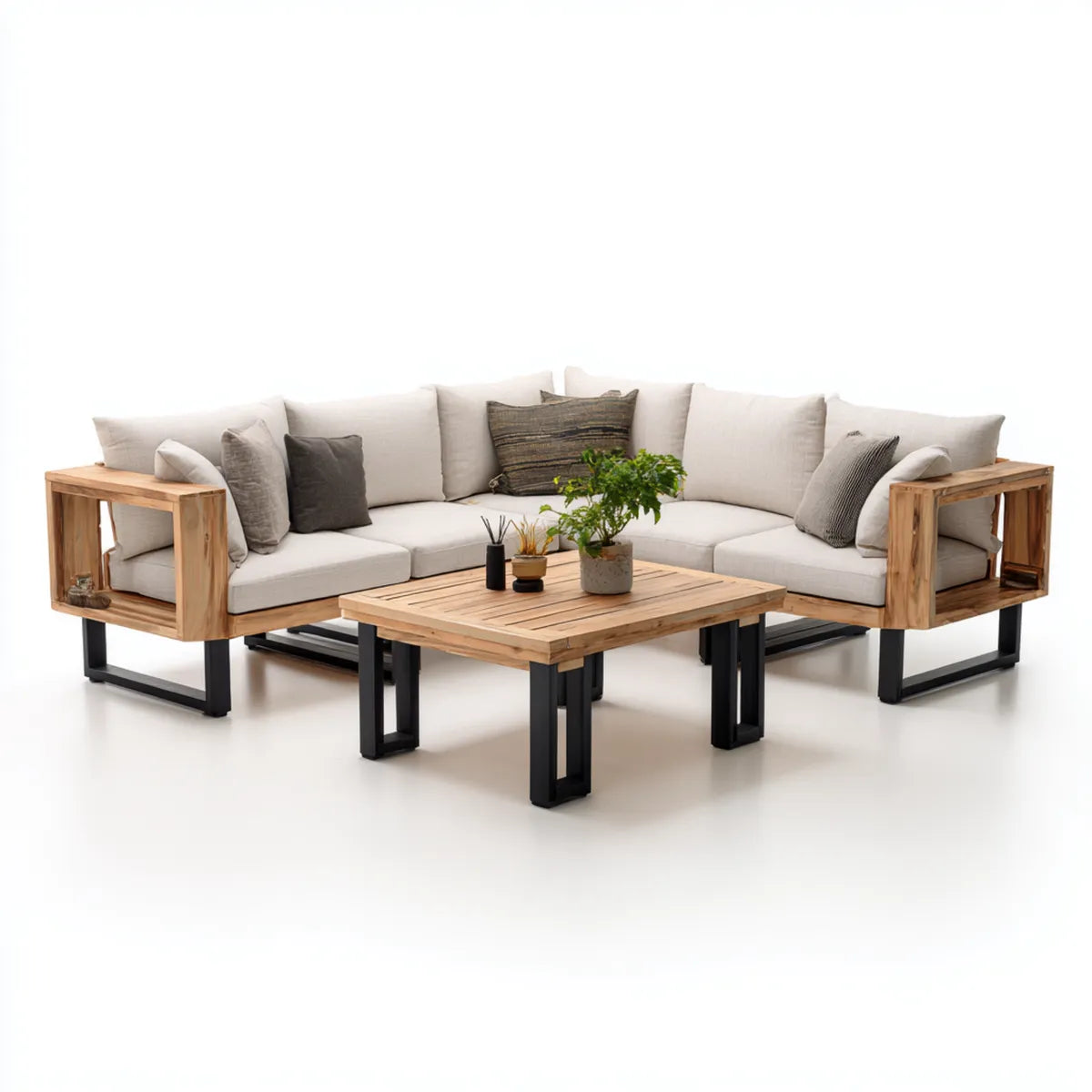 Salon de jardin d'angle 4 pièces beige naturel noir en acacia massif acier et polyester 300 x 220 cm