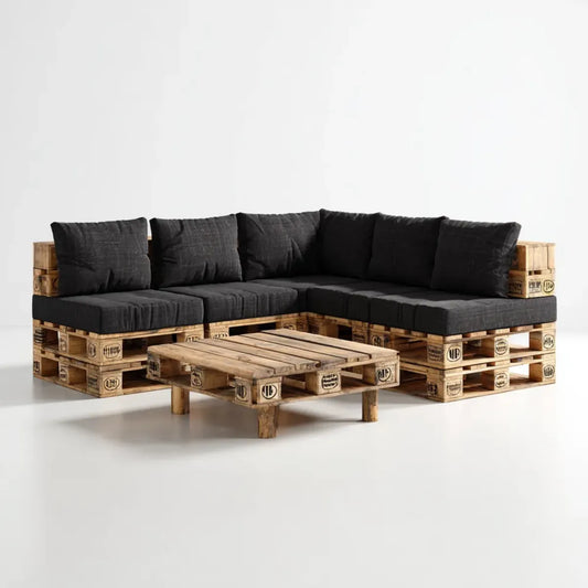 Salon de jardin d'angle 4 places noir en pin massif avec coussins en polyester 220 x 160 cm
