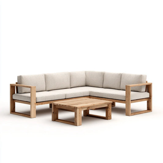 Salon de jardin d'angle 3 pièces beige en acacia massif 250 x 180 x 78 cm