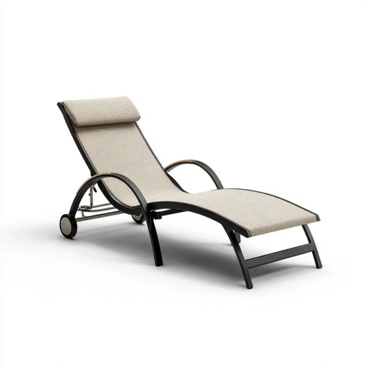 Bain de soleil inclinable beige et noir en aluminium et textilène forme incurvée 195 x 65 x 100 cm
