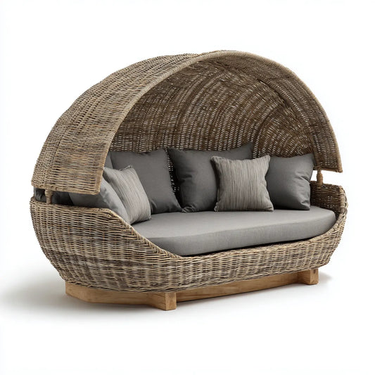 Bain de soleil double avec toit arrondi beige et gris en résine tressée 180 x 150 x 160 cm