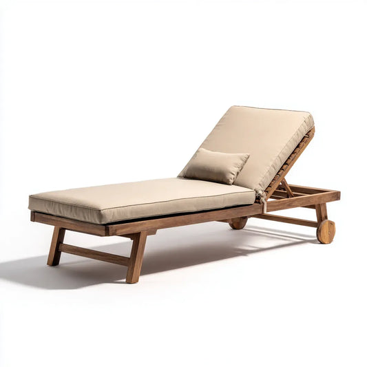 Bain de soleil réglable beige en bois massif d'acacia rectangulaire 200 x 70 x 35 cm
