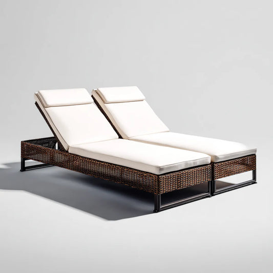 Lot de 2 bains de soleil réglables marron et crème en résine tressée PE avec coussins 200 x 70 x 35 cm