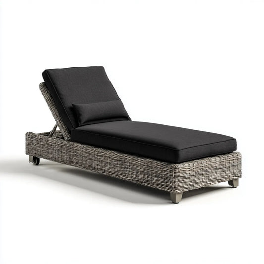 Bain de soleil inclinable gris et noir 200 x 70 x 35 cm en résine tressée PE avec coussin polyester