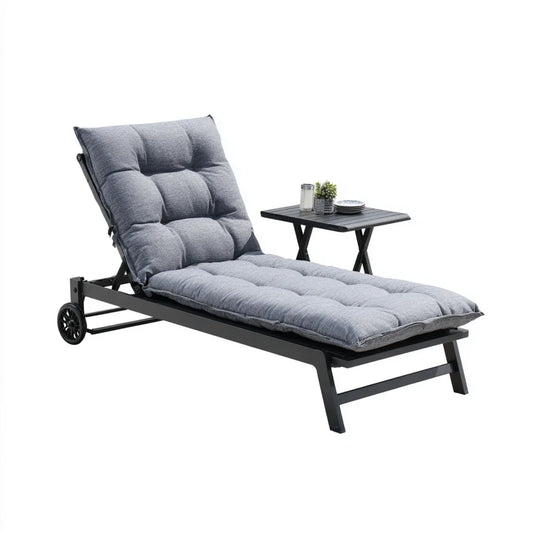 Ensemble bain de soleil à roulettes avec table pliante gris et noir en acier polyester rectangulaire 195 x 65 x 30-95 cm
