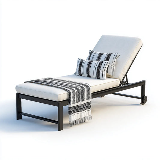 Bain de soleil inclinable noir et blanc 200 x 65 x 35 cm en aluminium rectangulaire avec coussin
